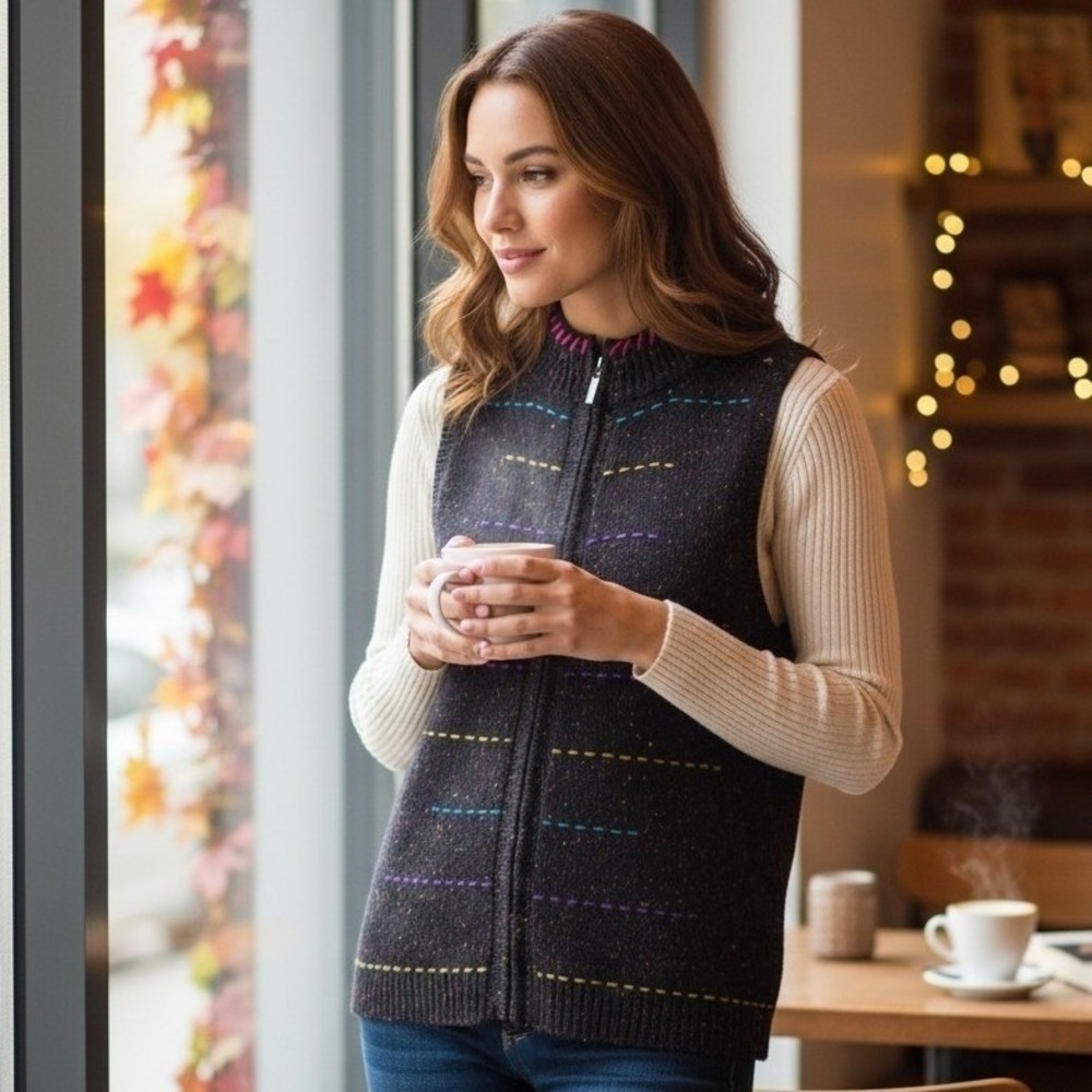 Coldwater Creek Womens Medium Rainbow Stitch Zip Sweater Vest Mock Neck